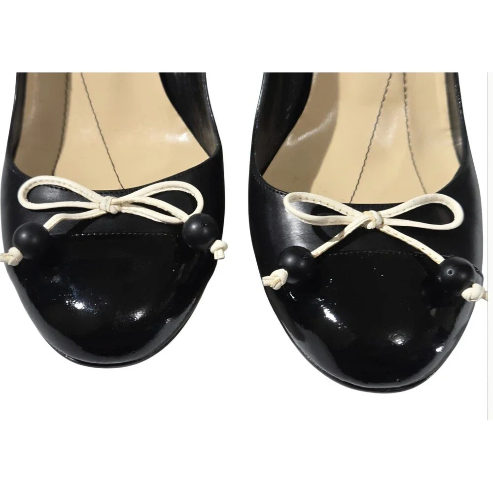 Kate Spade New York Leather Cap-Toe Striped Heel Pumps Black Cream Bow Size 7B